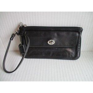 *COACH Black Leather Clutch Wristlet Zip Top Turn Key Pocket Closure